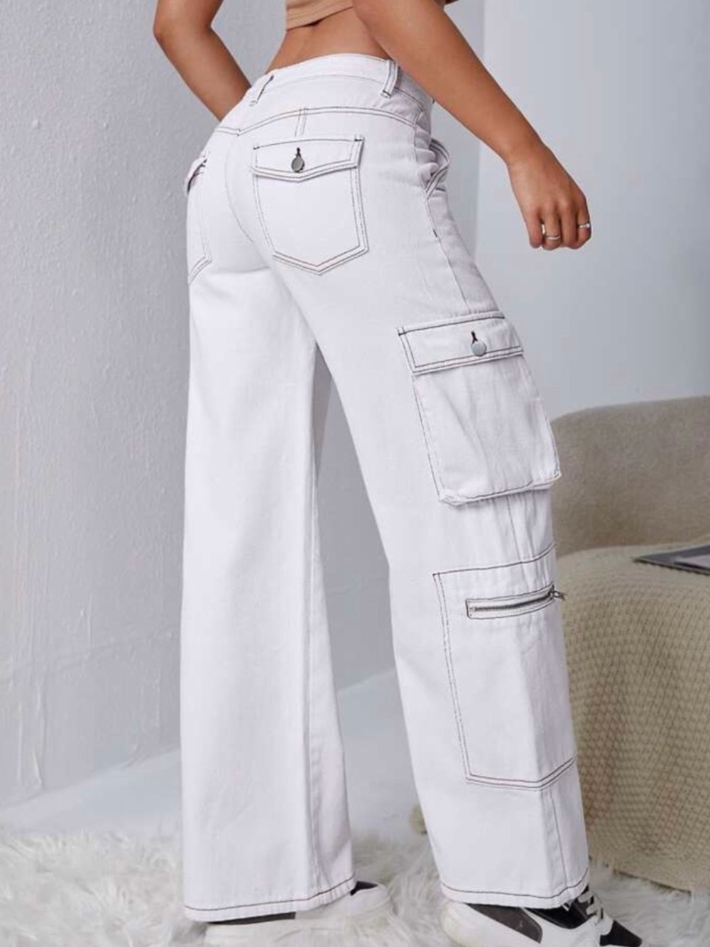 Women's White High-Rise Wide Leg Cargo Pants Jeans